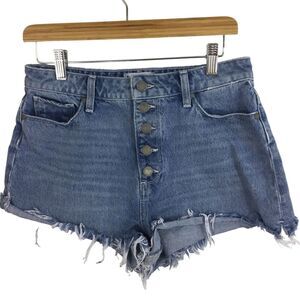 Paige Margot Button Fly Denim Frayed Raw Hem Cut Off Shorts Blue Size 28